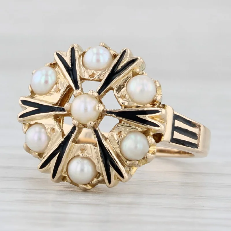 couples engagement rings for women-Vintage Cultured Pearl Cluster Ring 14k Yellow Gold Enamel Size 7