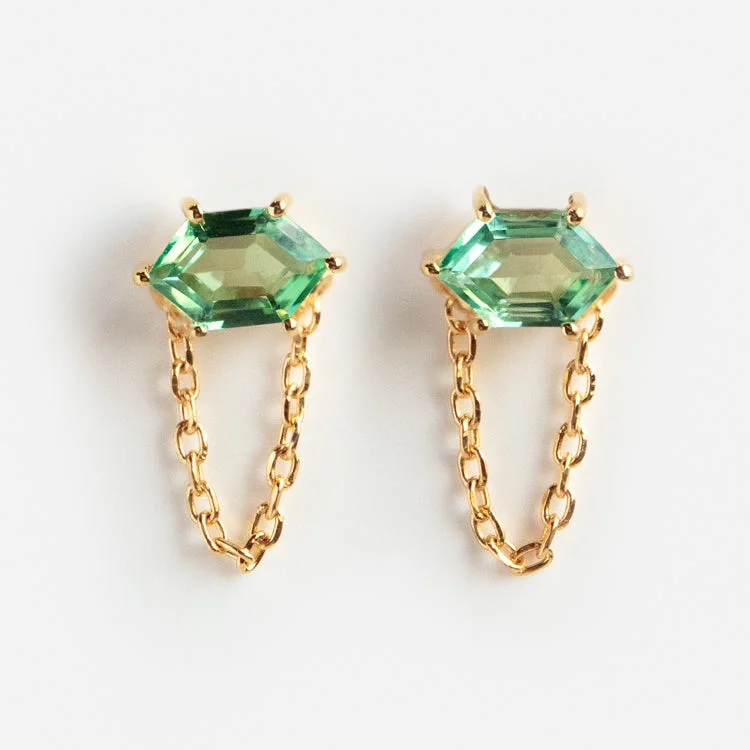 pearl drop earrings for women-Fern Green Topaz Chain Stud Earrings