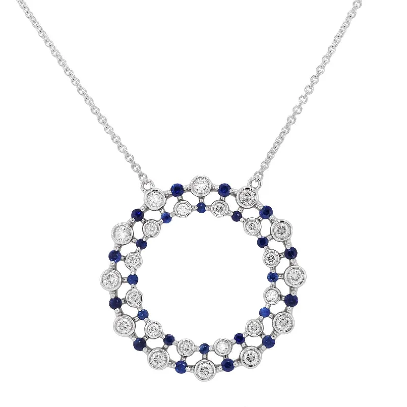 wedding necklaces for women-WHITE GOLD SAPPHIRE AND DIAMOND CIRCLE PENDANT, .54 CT TW