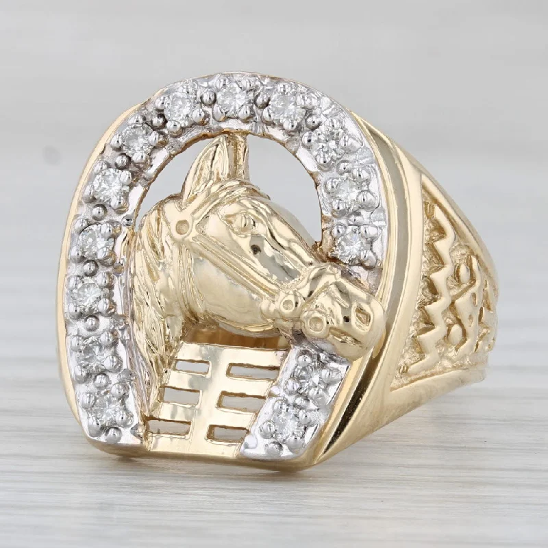 emerald-cut engagement rings for women-0.47ctw Diamond Horseshoe Horse Ring 10k Yellow Gold Men's Western Equestrian