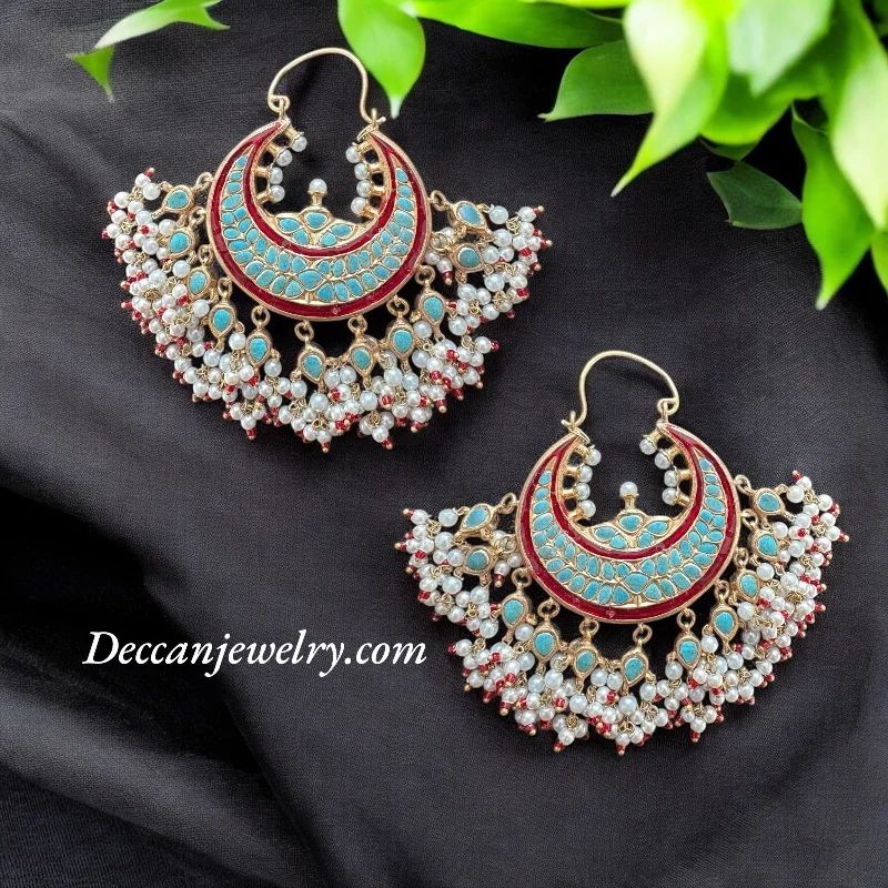 silver and gold earrings for women-DER638 Turquoise Ruby chandbali earrings ( READY TO SHIP )