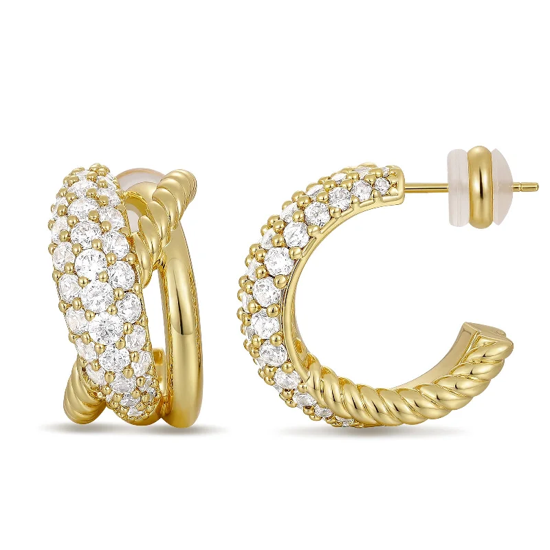 animal-shaped earrings for women-14K Gold Plated Cubic Zirconia Triple Open Hoops C Shape Wrap Earrings