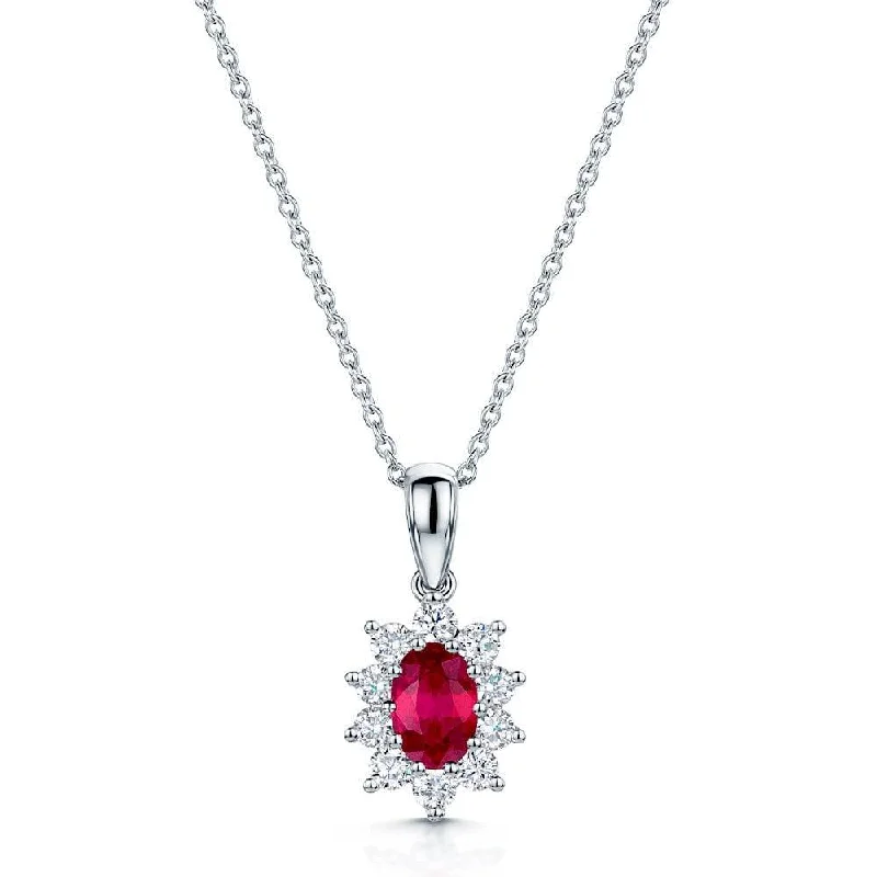 wedding necklaces for women-18ct White Gold Oval Ruby and Round Brilliant Cut Diamond Cluster Pendant