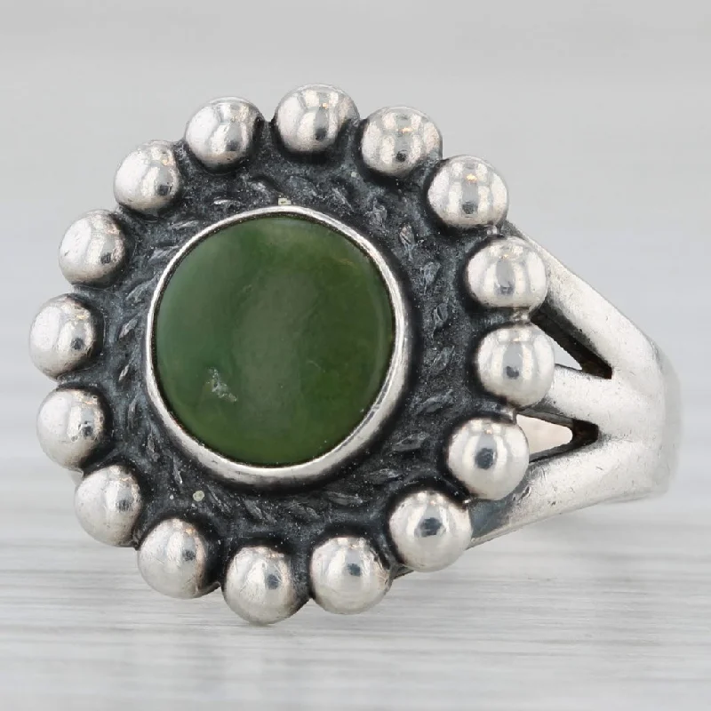 platinum engagement rings with diamonds for women-Vintage Native American Style Green Nephrite Jade Ring Sterling Silver Size 6