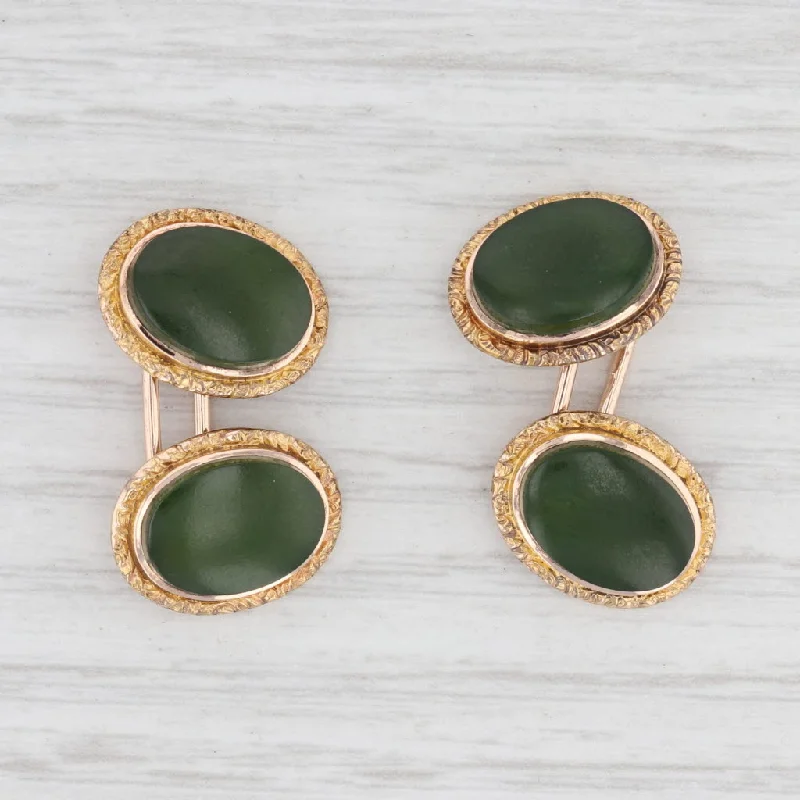 diamond solitaire engagement rings for women-Antique Green Nephrite Jade Cuff Links 14k Yellow Gold Oval Cabochon Cufflinks