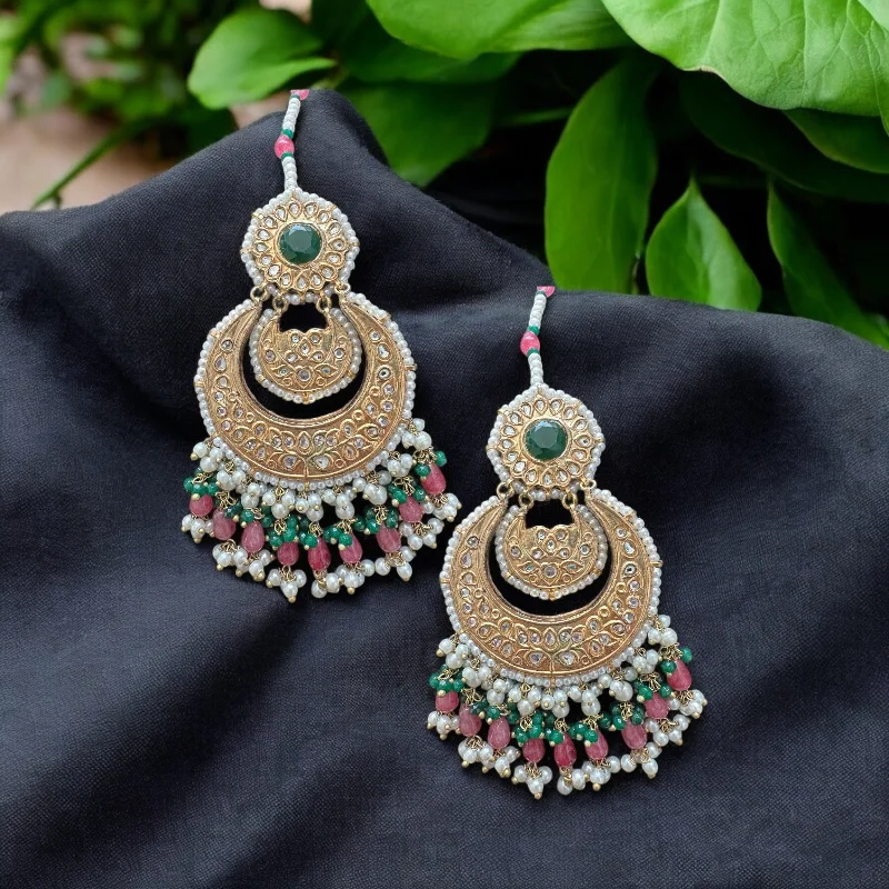 classic hoop earrings for women-DER640 Shama gold plated pink and emerald kundan chandbali earrings - large ( READY TO SHIP )