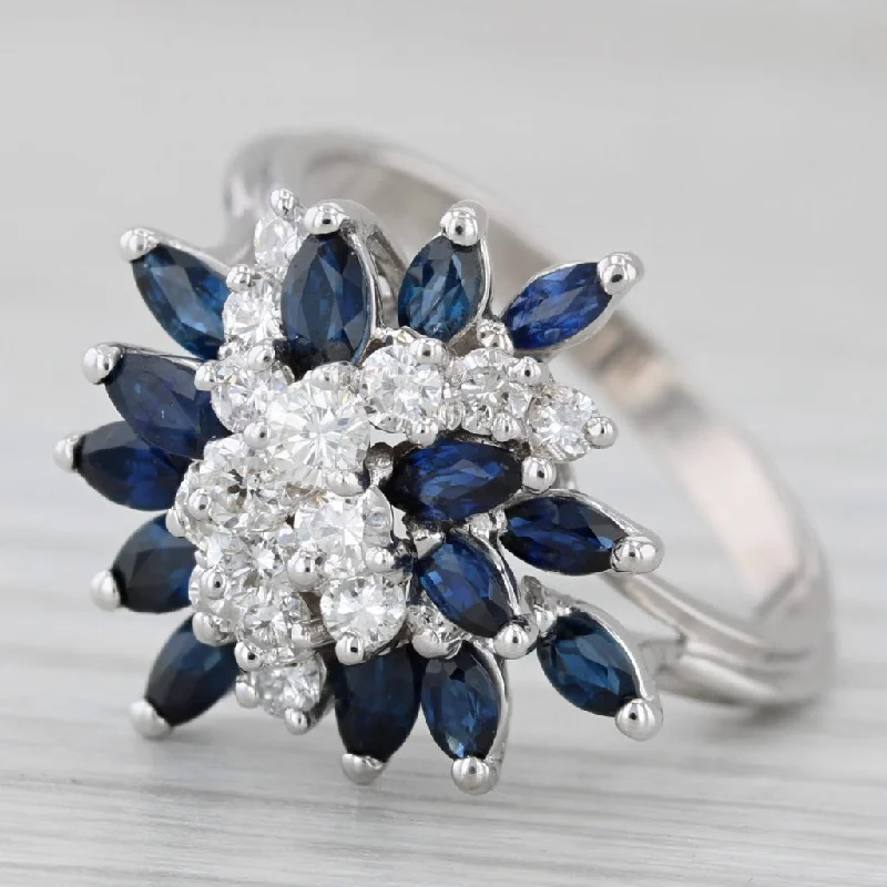 cushion-cut engagement rings for women-1.77ctw Blue Sapphire Diamond Cluster Cocktail Ring 18k White Gold Size 7.5