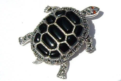 geometric pin brooches for women-Tortoise Brooch Silver Marcasite Turtle Pendant