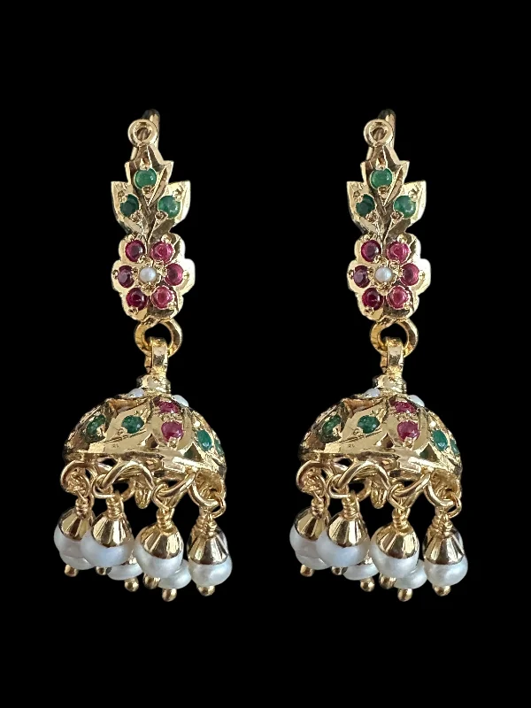 yellow gold earrings for women-Light weight jhumka earrings in gold plated silver - ruby emerlad ( READY TO SHIP )