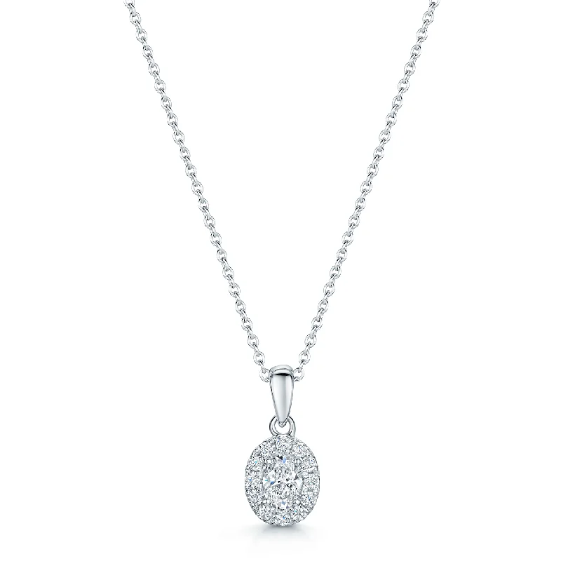 symbolic necklaces for women-18ct White Gold Oval Cut Diamond Halo Pendant