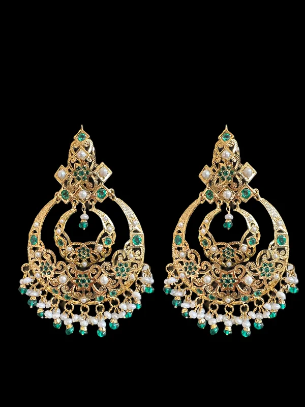 vintage earrings for women-Emerald pearl gold plated silver chandbali earrings ( READY TO SHIP )