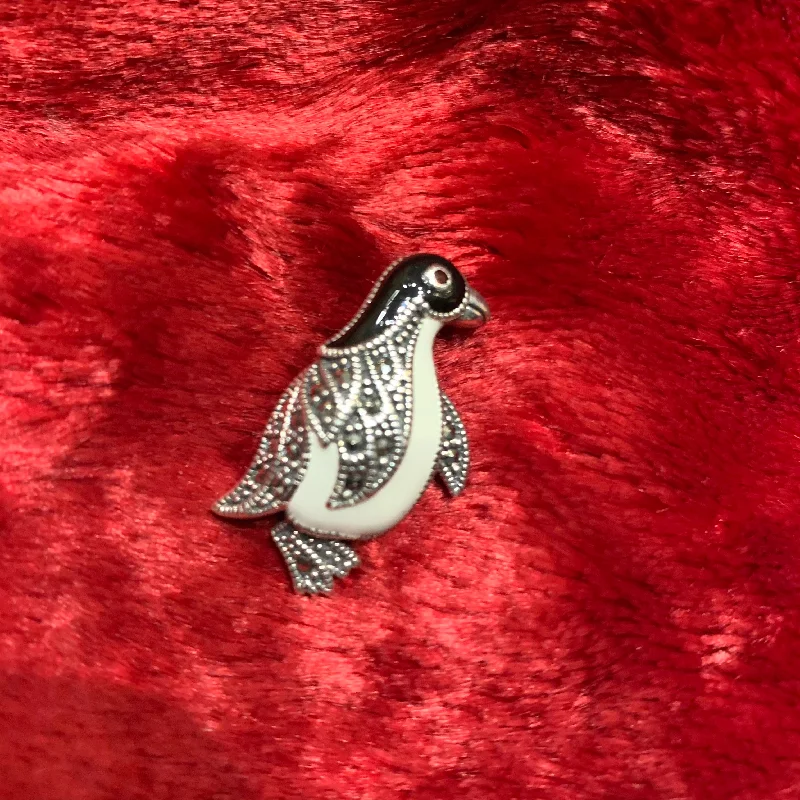 luxury flower brooches for women-Silver enamel penguin brooch