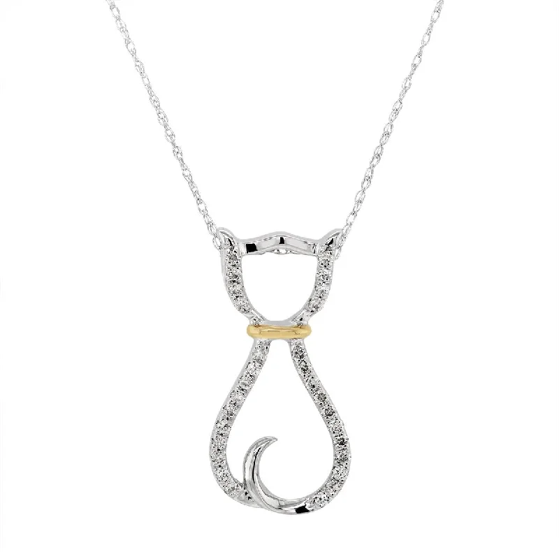 art deco necklaces for women-TWO-TONE GOLD CAT PENDANT SET WITH DIAMONDS, 1/5 CT TW