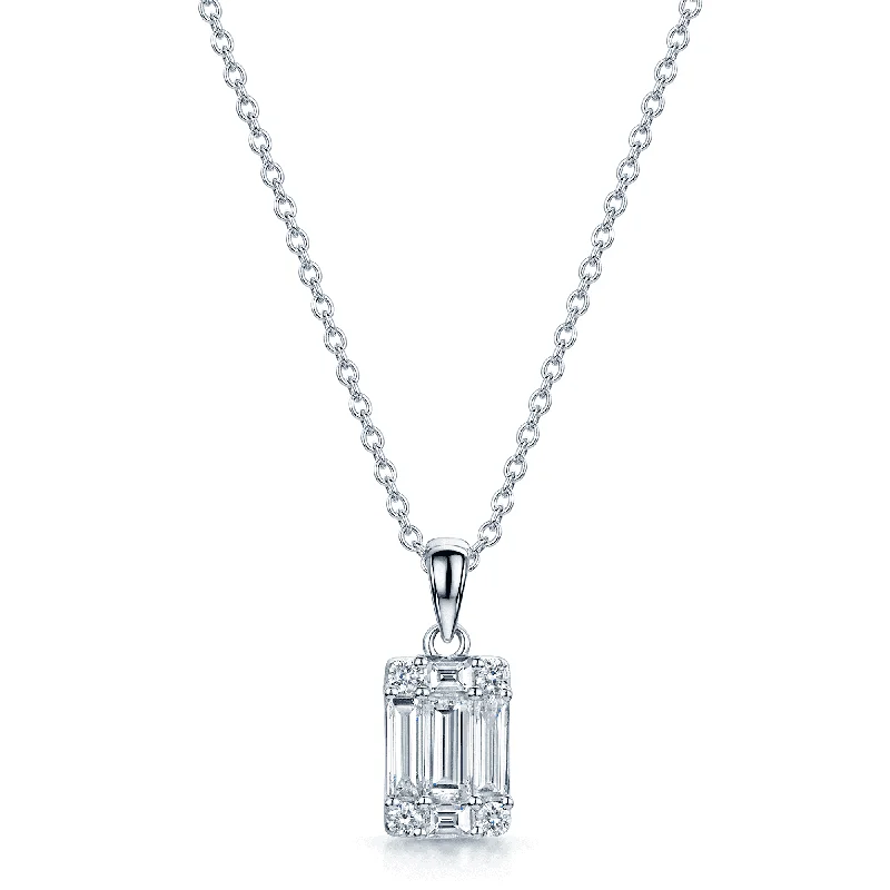 pearl necklaces for women-18ct White Gold Baguette And Round brilliant Cut Diamond Fancy Cluster Pendant