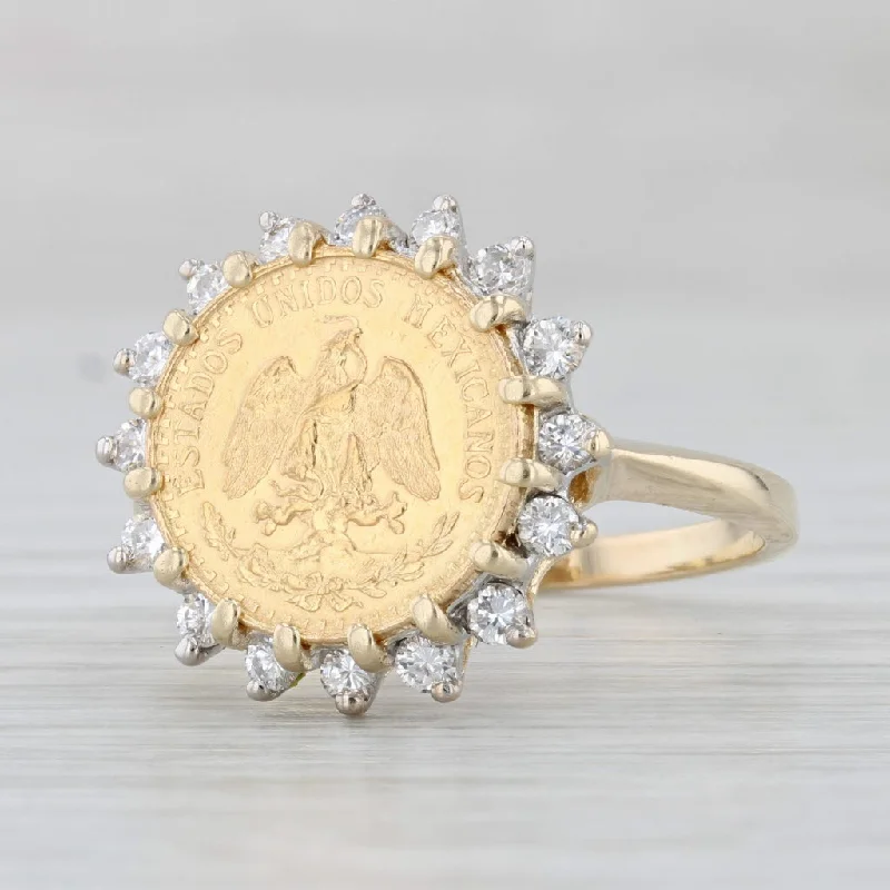 stackable engagement rings for women-1945 Dos Pesos Coin Ring 0.40ctw Diamond 14k 900 Yellow Gold Size 9 Mexico