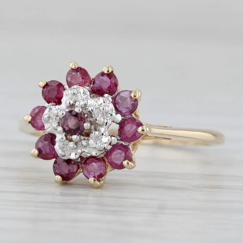 engagement rings with side stones for women-0.68ctw Ruby Diamond Cluster Flower Ring 10k Yellow Gold Size 6.25