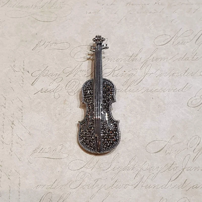 bridal brooches for women-Violin Brooch Silver Marcasite Pendant