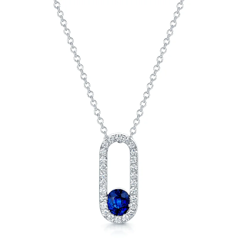 ruby necklaces for women-Verve Collection 18ct White Gold Oval Cut Sapphire And Diamond Loop Full Pendant