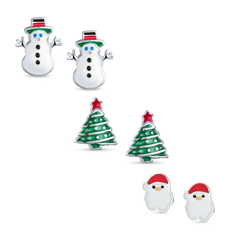 infinity earrings for women-Small Holiday Winter Colors Enamel Santa Claus Christmas Tree Stud Earrings Set