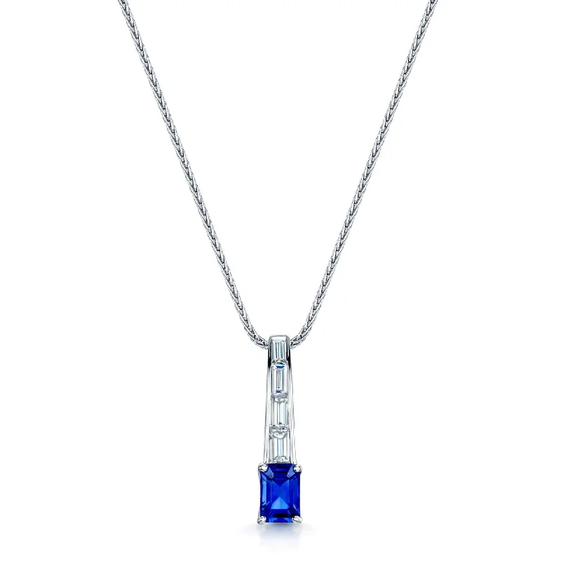 retro necklaces for women-18ct White Gold Rectangular Sapphire & Baguette Cut Diamond Pendant