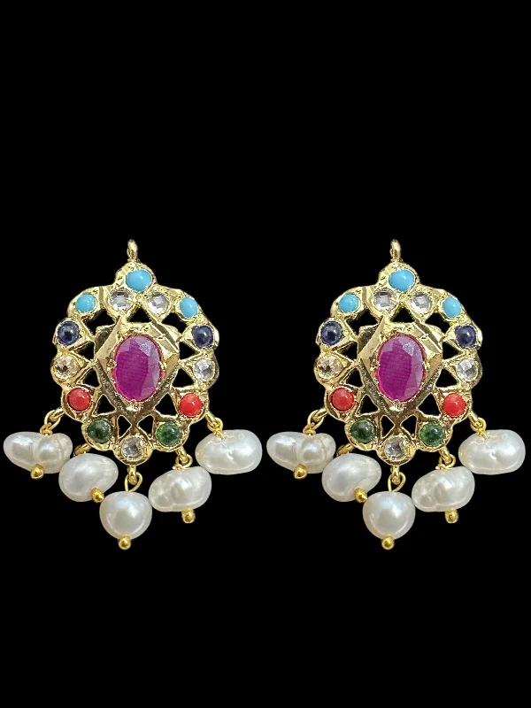 turquoise earrings for women-ET536  Faryal fresh water Pearl earrings - Navratan ( READY TO SHIP )