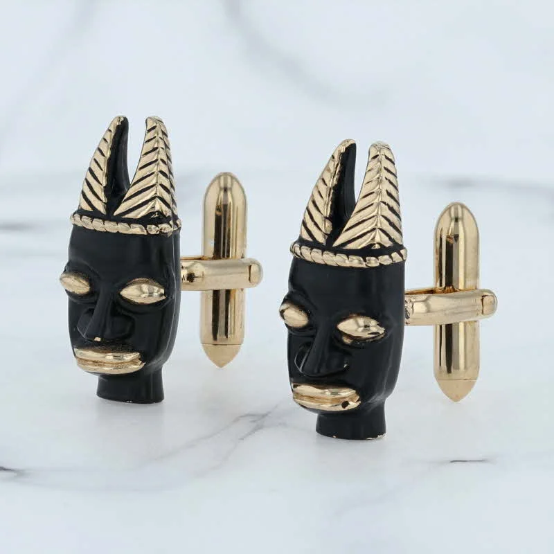 modern diamond engagement rings for women-Tribal Mask Figural Cuff Links Swank Folding Bar Cufflinks Black & Gold