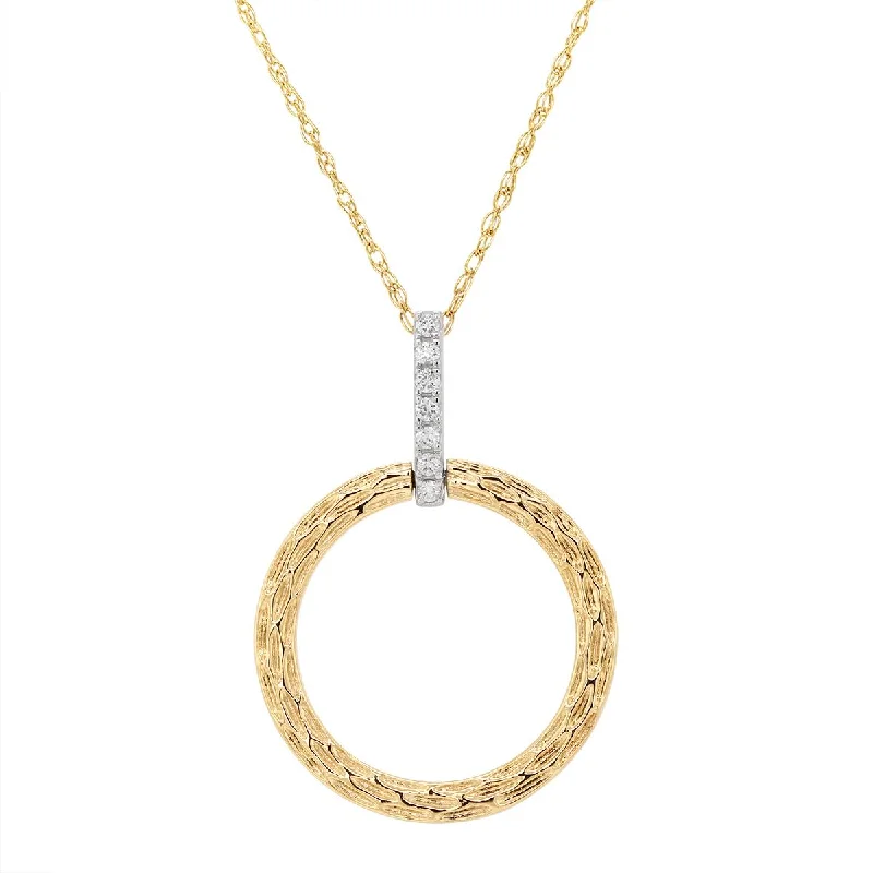 butterfly necklaces for women-TWO-TONE GOLD CIRCLE PENDANT WITH TEXTURED FINISH AND DIAMONDS, .05 CT TW