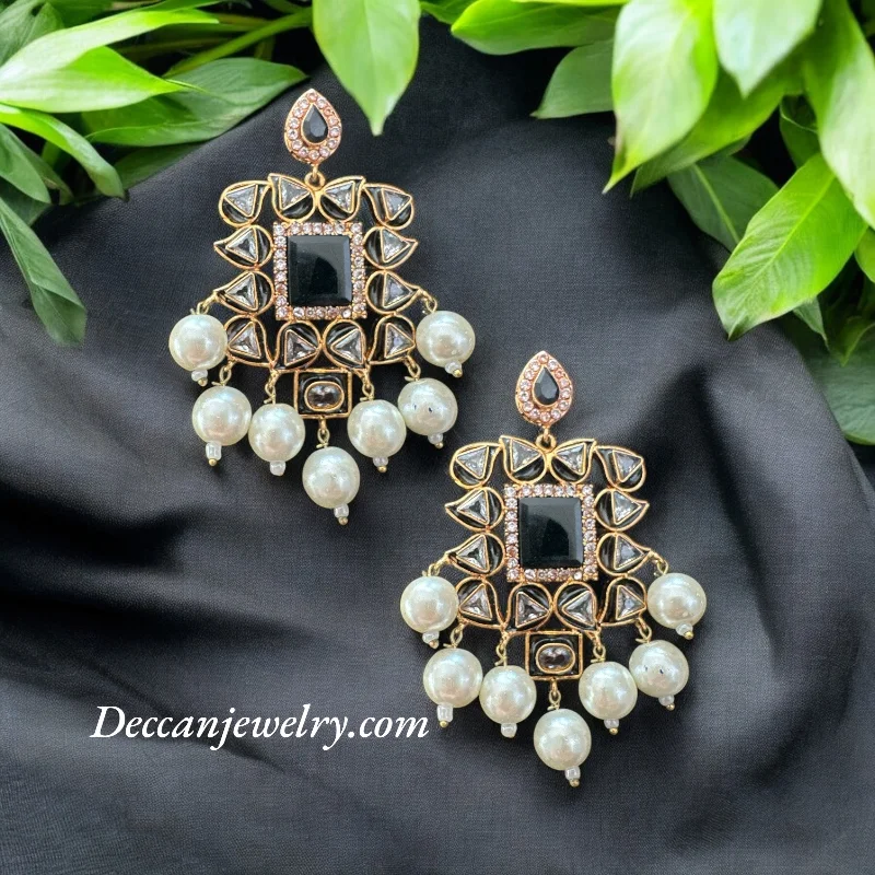 minimalist stud earrings for women-DER642 Nagma dangler earrings in kundan (black )( READY TO SHIP)