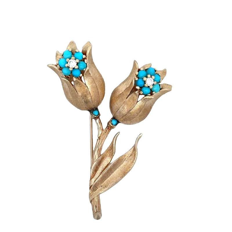 crystal-studded brooches for women-Vintage Turquoise Cabochon and Diamond Flower Brooch in Yellow Gold