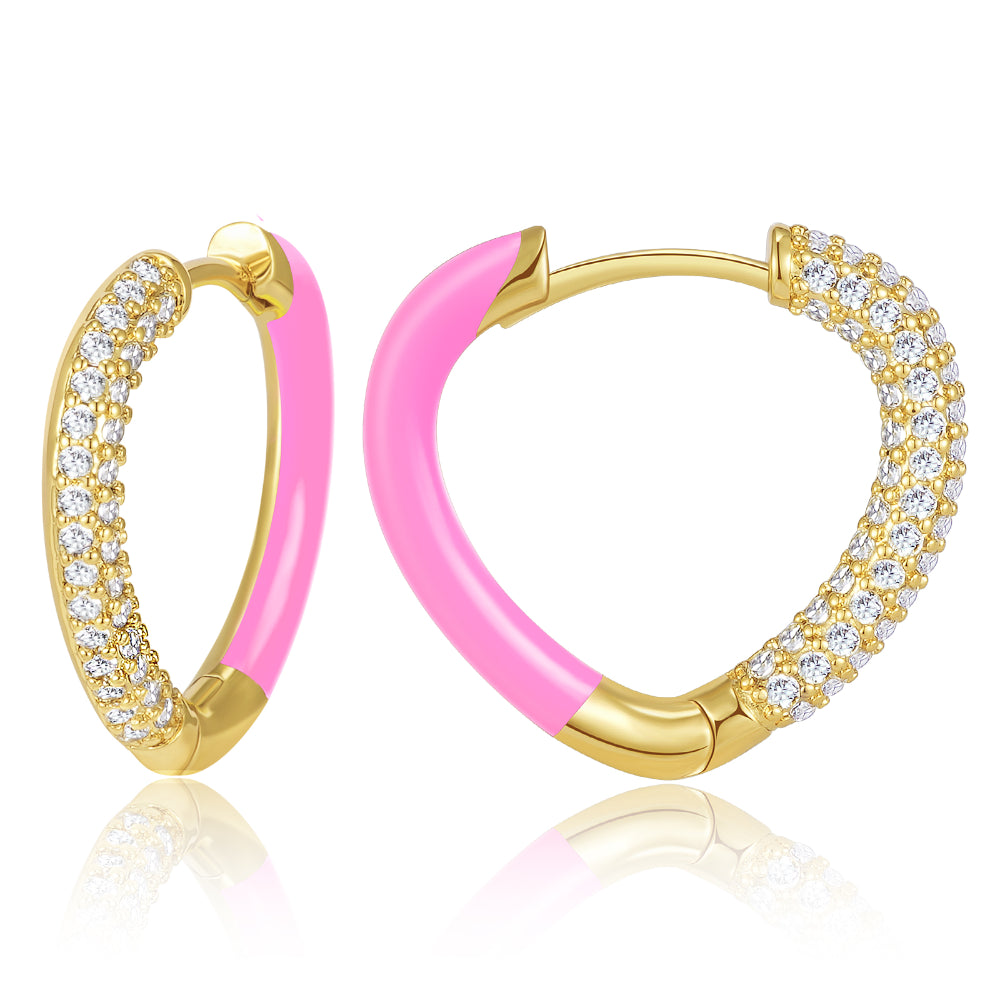 dangling gemstone earrings for women-Pink Enamel Heart Huggie Hoops