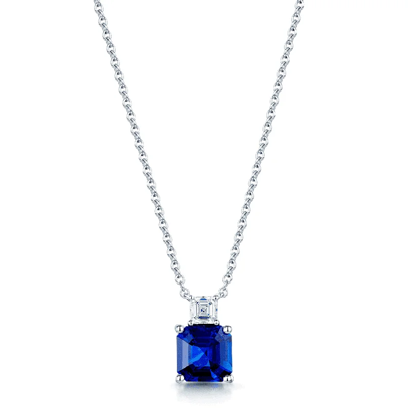 thick chain necklaces for women-18ct White Gold Claw Set Step-Cut Blue Sapphire & Asscher Cut Diamond Pendant