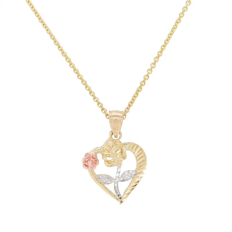 star necklaces for women-TRI-TONE GOLD ROSE AND HEART CHARM PENDANT