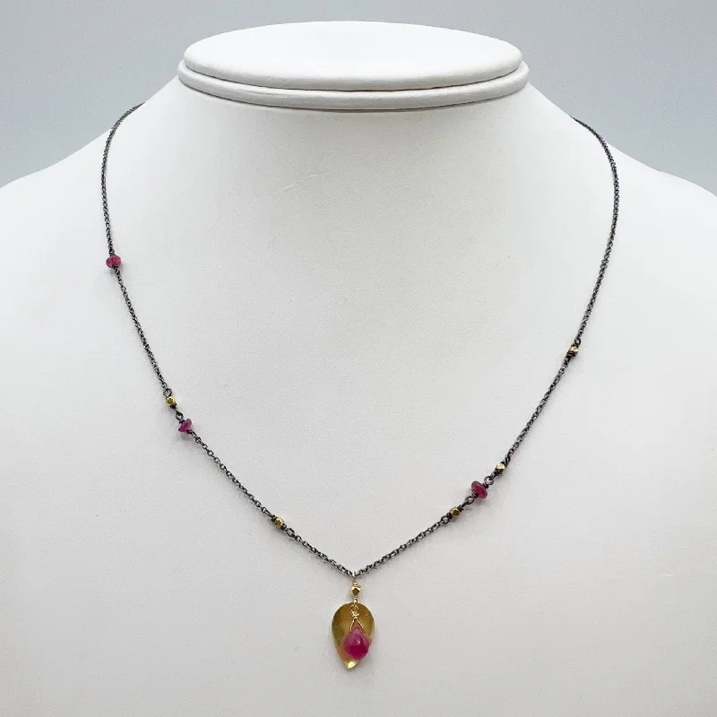 choker necklaces for women-Ruby and Gold Beads and Accents on Sterling Silver Patina Chain