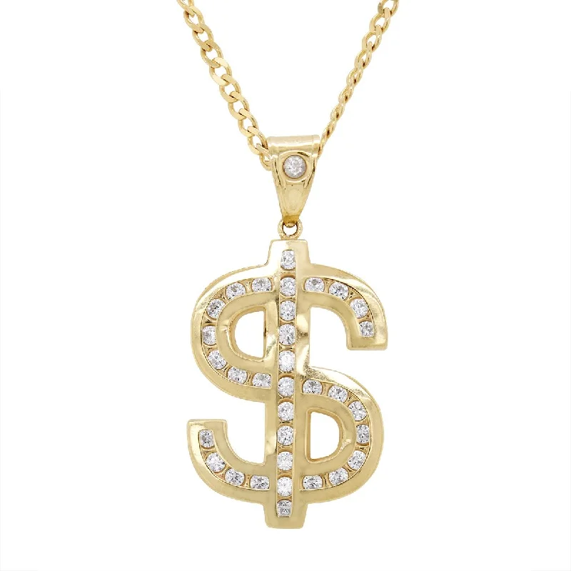 pendant necklaces for women-YELLOW GOLD DOLLAR SIGN CHARM PENDANT WITH CUBIC ZIRCONIAS