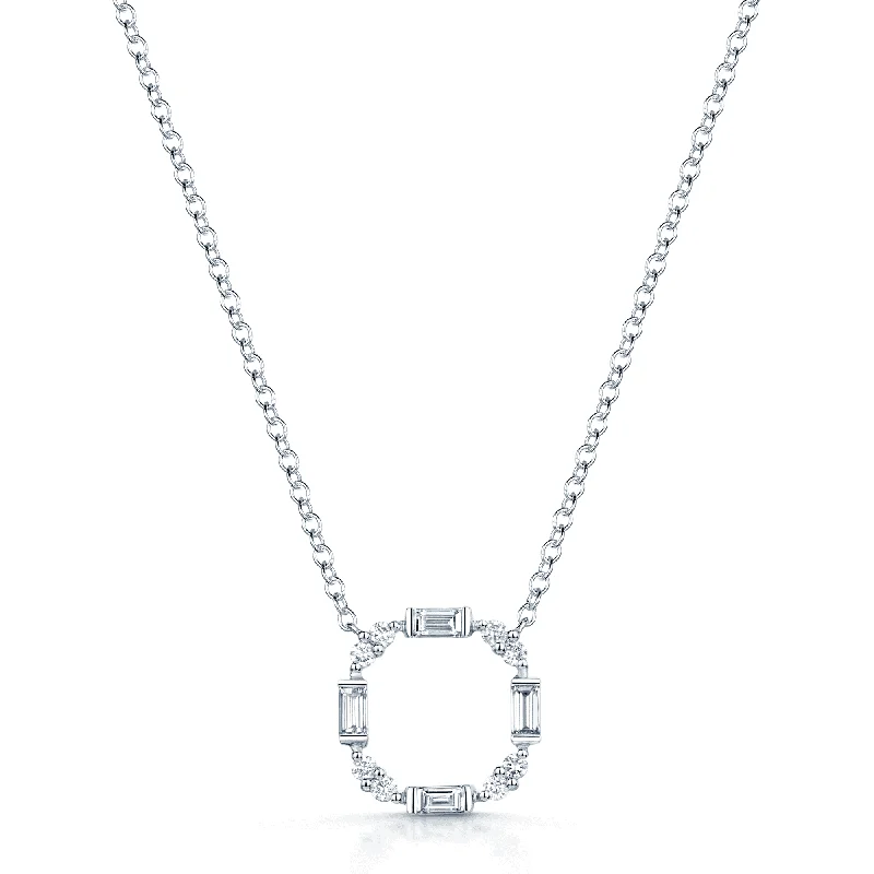 elegant diamond necklaces for women-18ct White Gold Round Brilliant And Baguette Cut Diamond Deco Open Circle Pendant