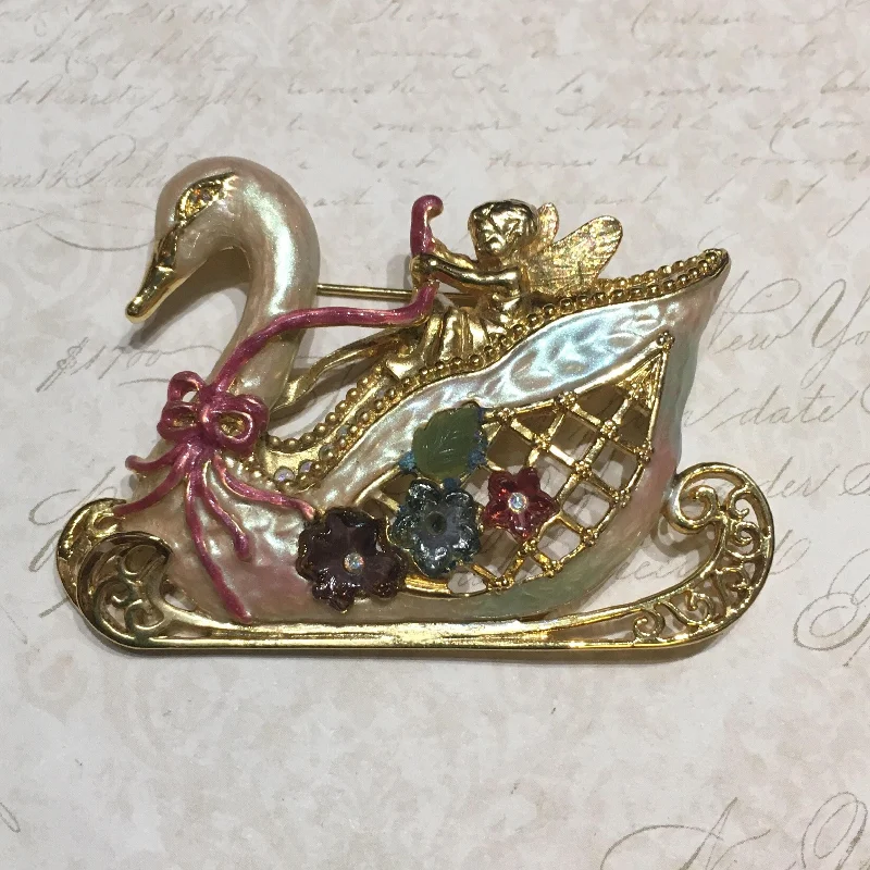 jeweled brooches for women-Kirks Folly Swan Princess Cherub on Sleigh Brooch