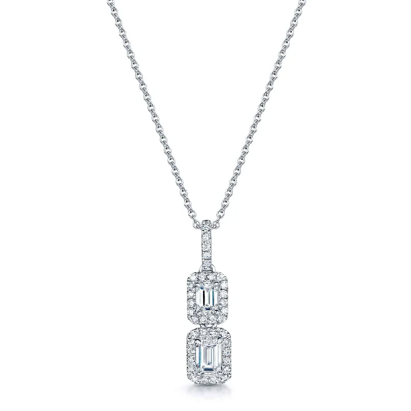 luxury necklaces for women-18ct White Gold Double Emerald Diamond Cluster Pendant