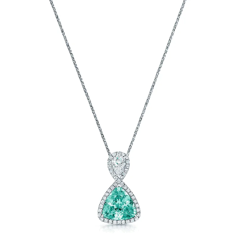 double heart necklaces for women-18ct White Gold Trilliant Cut Tourmaline & Pear Shape Diamond Cluster Pendant