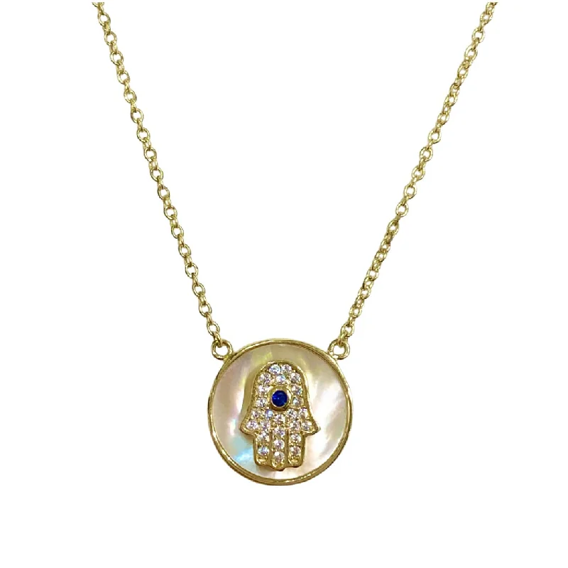 cross necklaces for women-Hamsa Disc Mother of Pearl Necklace