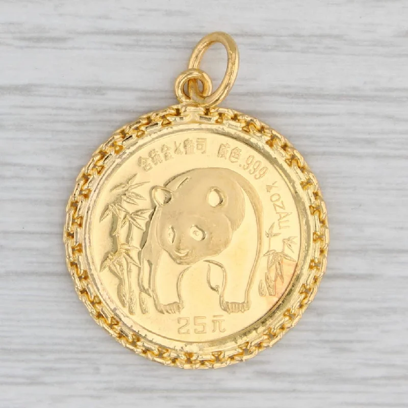 classic diamond engagement rings for women-Authentic 1986 Chinese Panda Coin Pendant 1/4 oz 25 Yuan 999 Fine Gold 21k Bezel