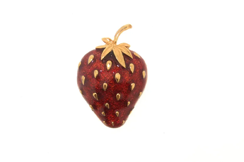 Victorian brooches for women-Strawberry Brooch Red Enamel Gold Fruit Pin