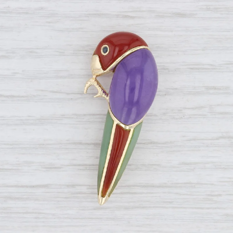 spring brooches for women-Gemstone Mosaic Parrot Brooch 14k Yellow Gold Bird Pin Sapphire Jadeite Jade