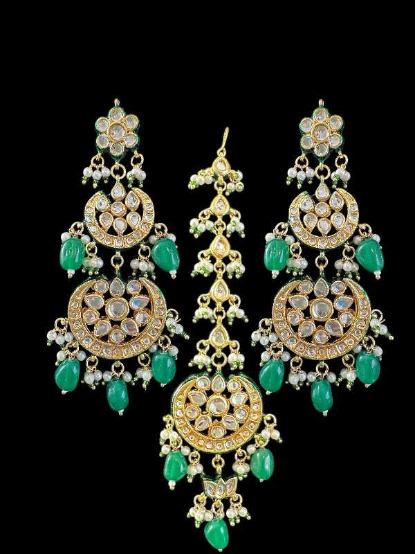 large earrings for women-Irina earrings tika set in kundan with green beads ( READY TO SHIP )