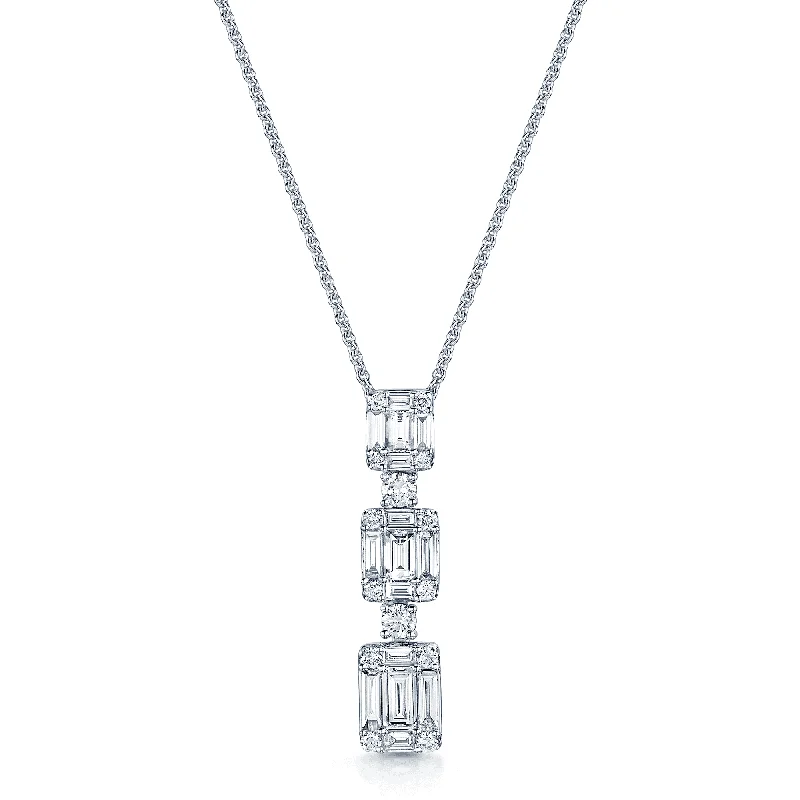 statement piece necklaces for women-18ct White Gold Baguette and Round Brilliant Cut Diamond Three Tier Drop Pendant