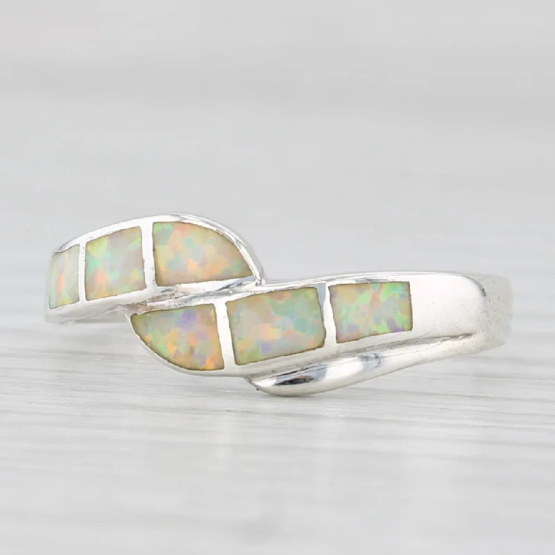 classic diamond engagement rings for women-Opal Mosaic Inlay Bypass Ring Sterling Silver Size 8 Band