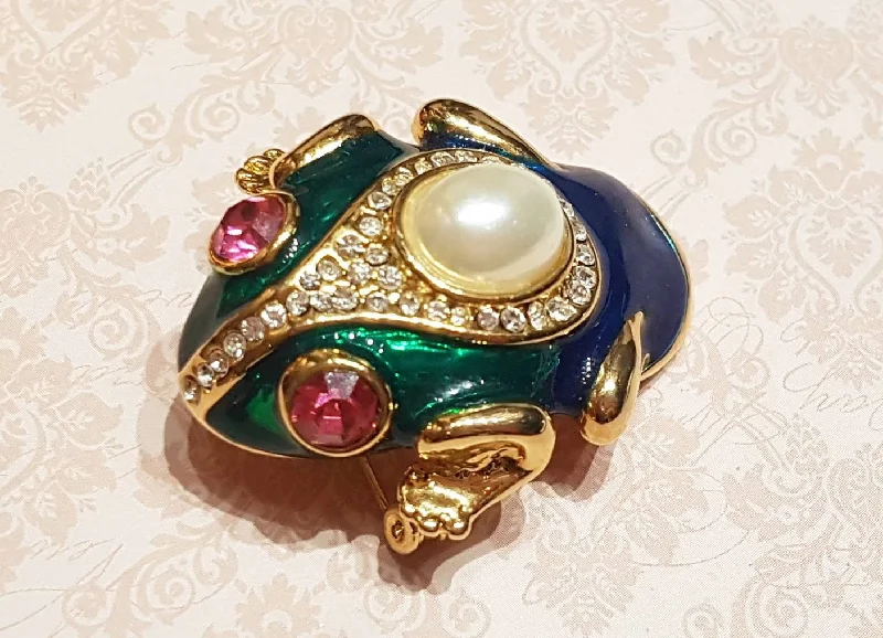 star brooches for women-Vintage Frog Brooch Enamel Pearl Green Blue Glass Gold