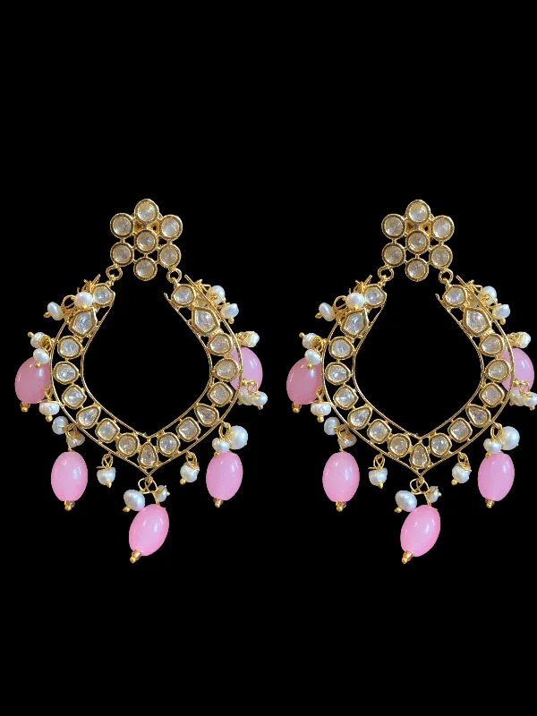 geometric earrings for women-DER107 Elara polki earrings in fresh water pearls- pink ( READY TO SHIP )