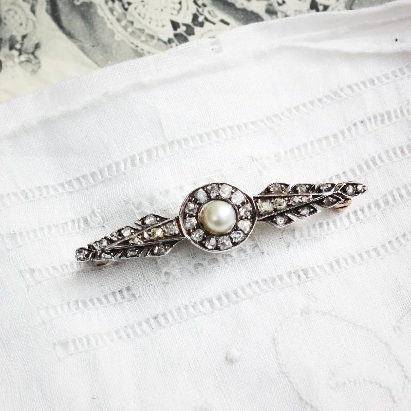 geometric pin brooches for women-Blessed Antique Diamond and Natural Pearl Bar Brooch