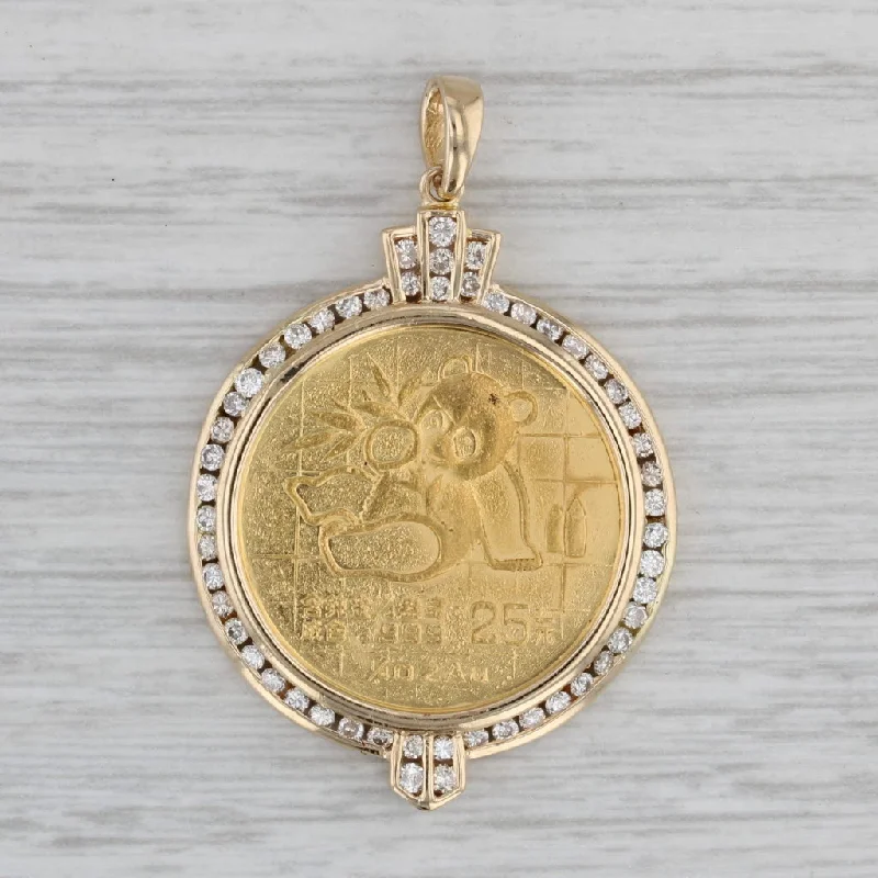 affordable sapphire engagement rings for women-0.75ctw Diamond Bezel Chinese Panda Coin Pendant 18k 999 Gold 1989 1/4oz 25 Yuan