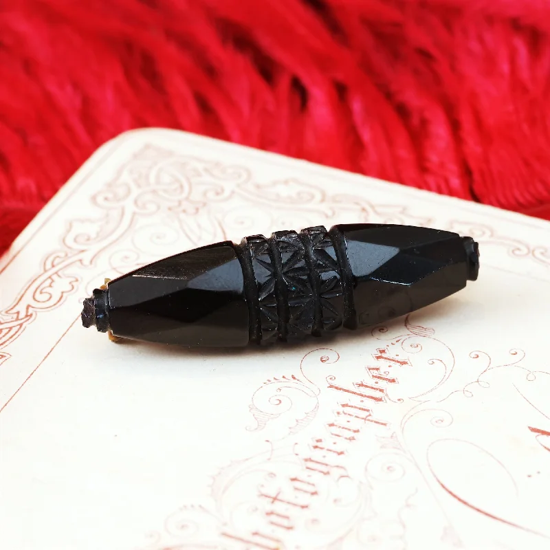 decorative brooches for women-Hand Carved Victorian Whitby Jet Bar Brooch